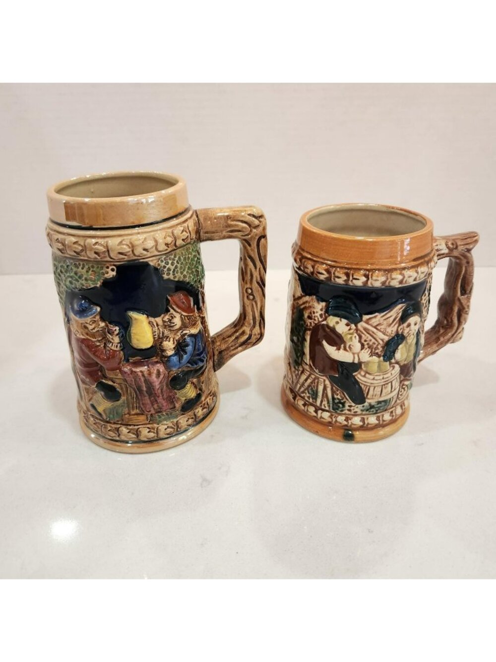 Vintage Ceramic Beer Steins Set of 2 Japan Tavern Scene Relief German Text Brown